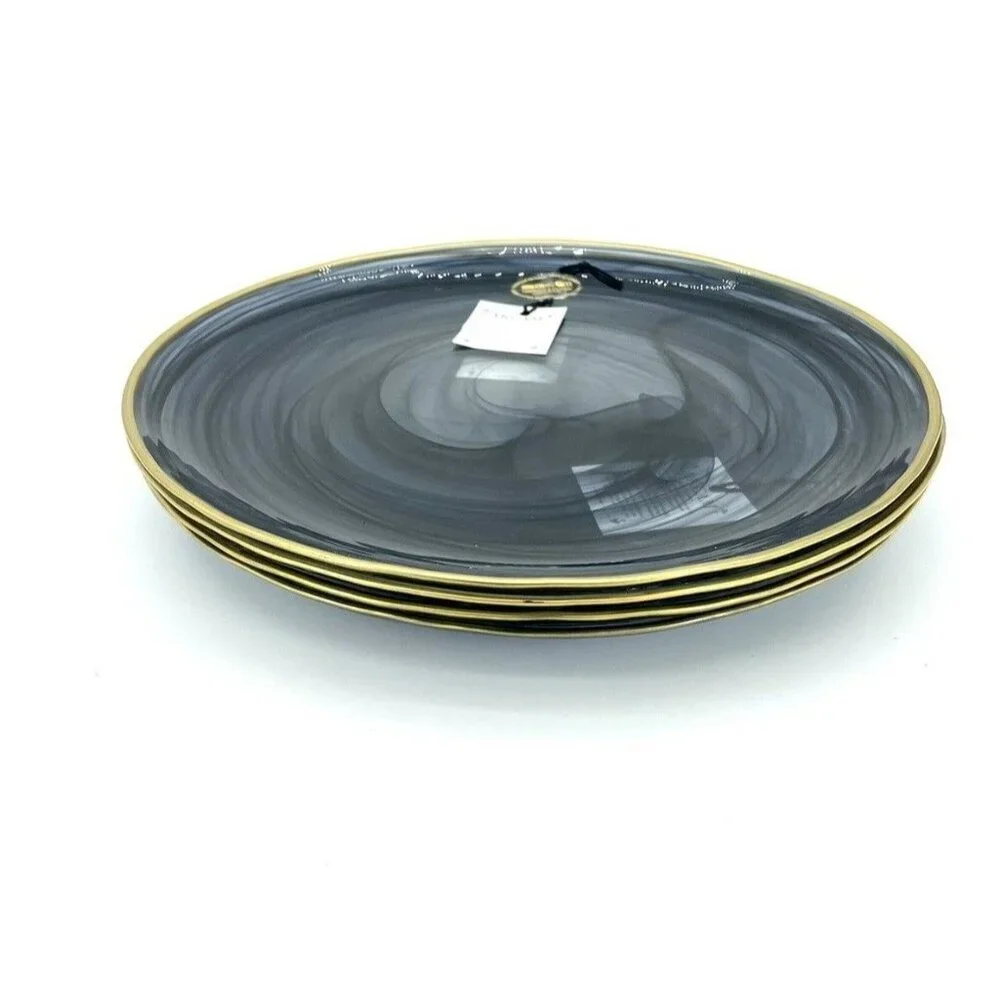 Akcam Turkish Glass 4 Plates Set Entrée Dinner Black Swirl Gold Rim 11